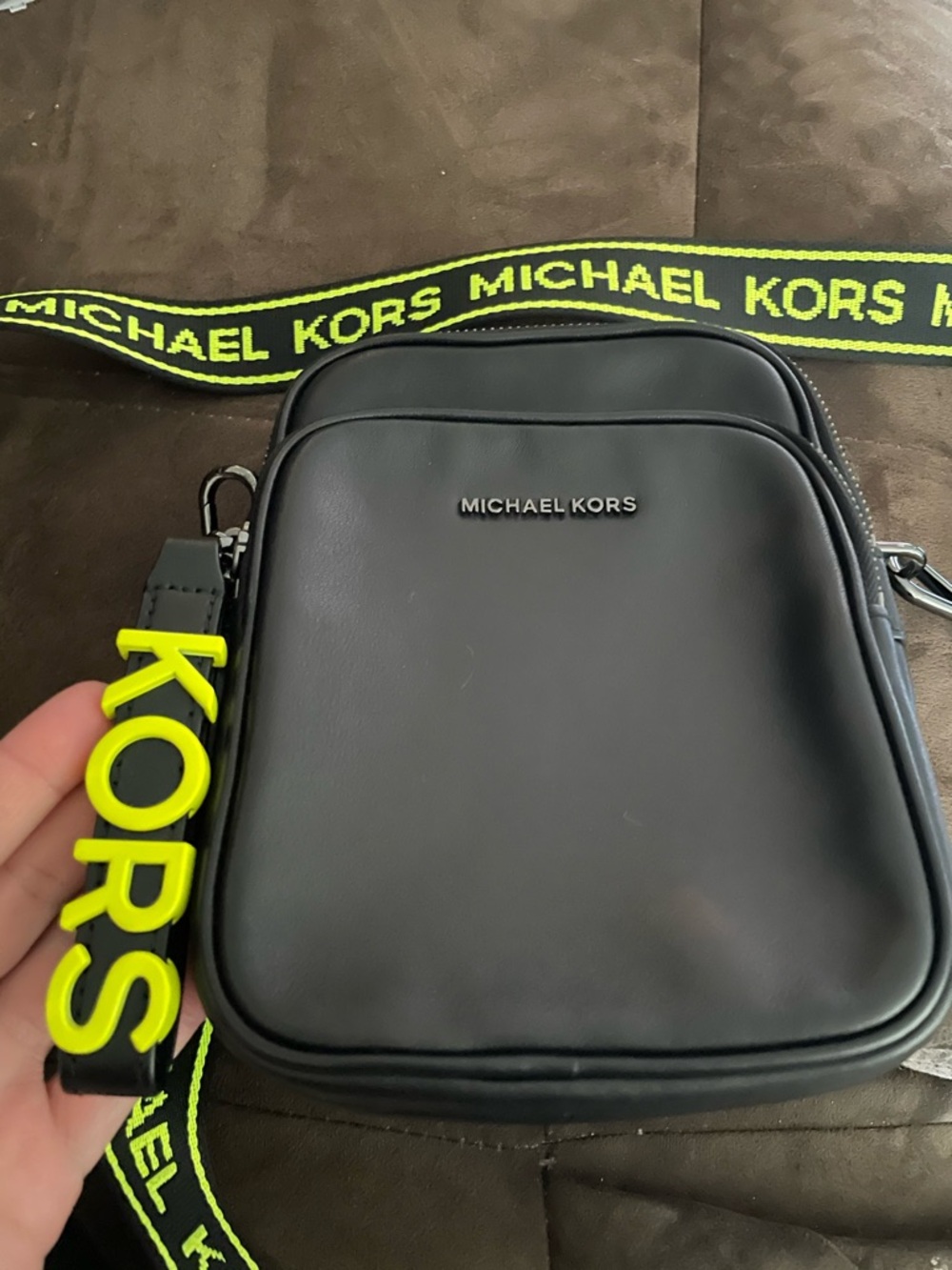 Michael Kors Black Crossbody Camera Bag with Neon Yellow Strap and KORS Charm